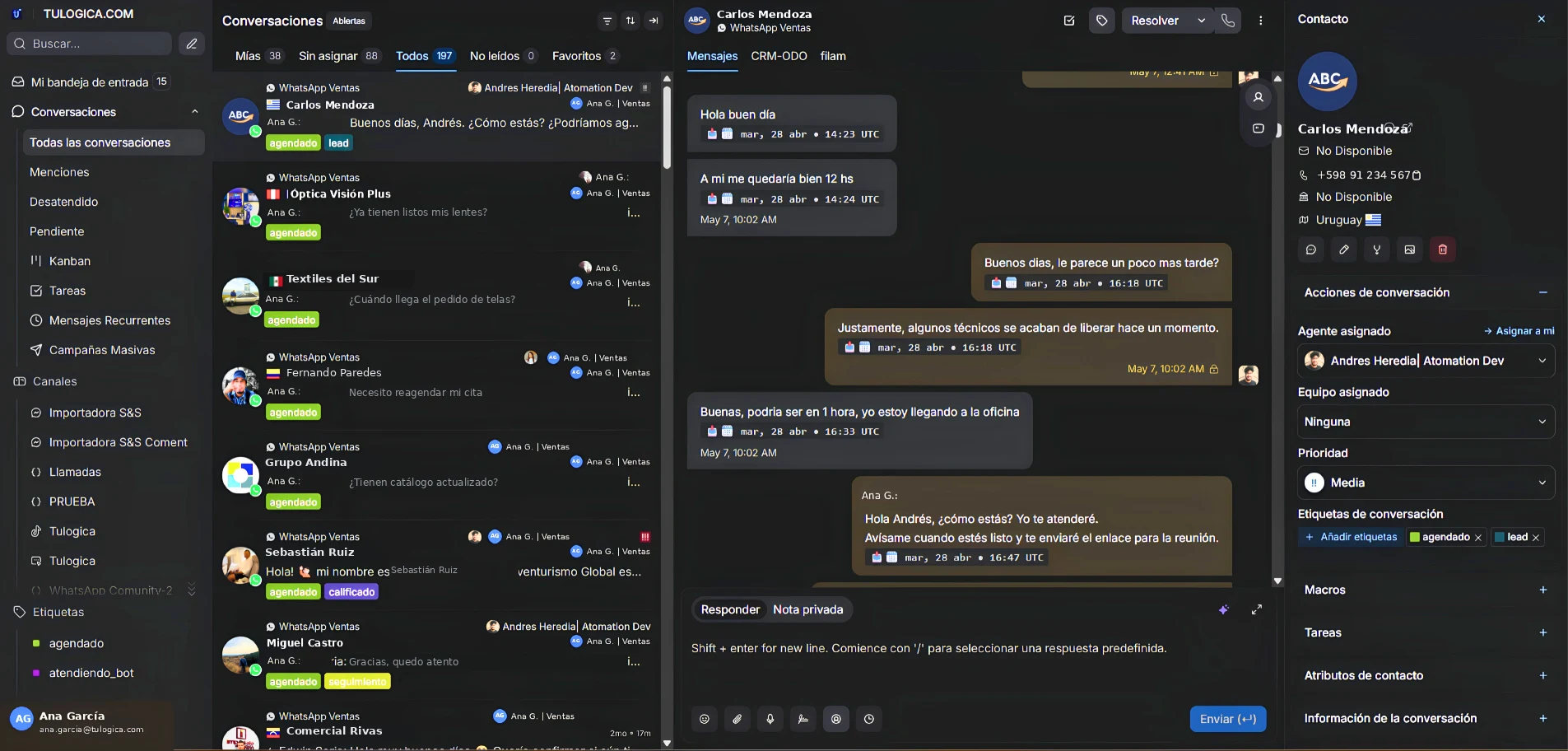 Panel real de Tulogica — bandeja de conversaciones de WhatsApp con IA