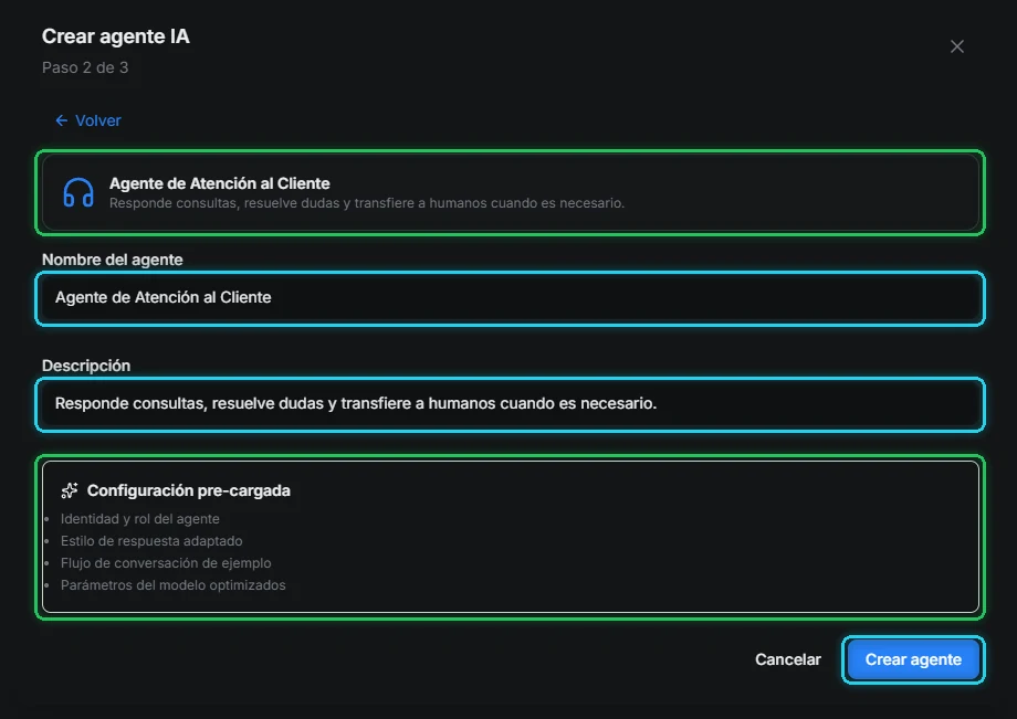 Paso 2 de 3 con la especialidad elegida, nombre, descripción, configuración pre-cargada y el botón Crear agente