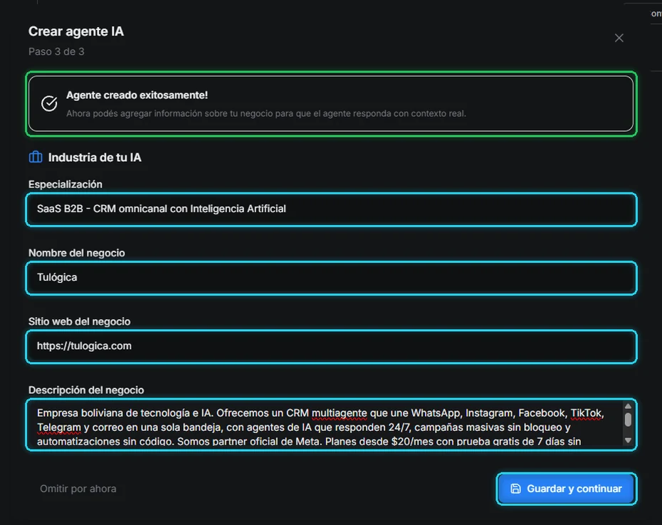 Paso 3 de 3 con especialización, nombre del negocio, sitio web y descripción del negocio señalados
