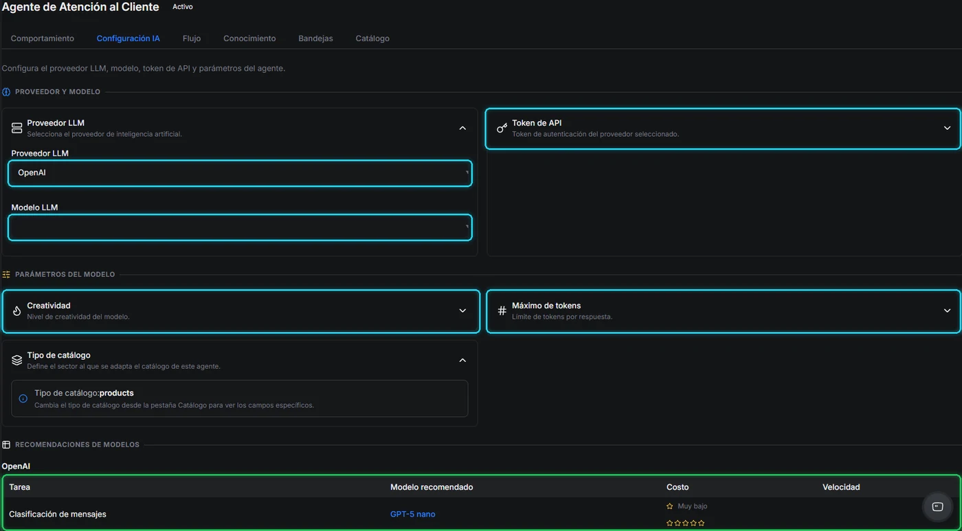 Pestaña Configuración IA con proveedor, modelo, token de API, creatividad, máximo de tokens y la tabla de recomendaciones