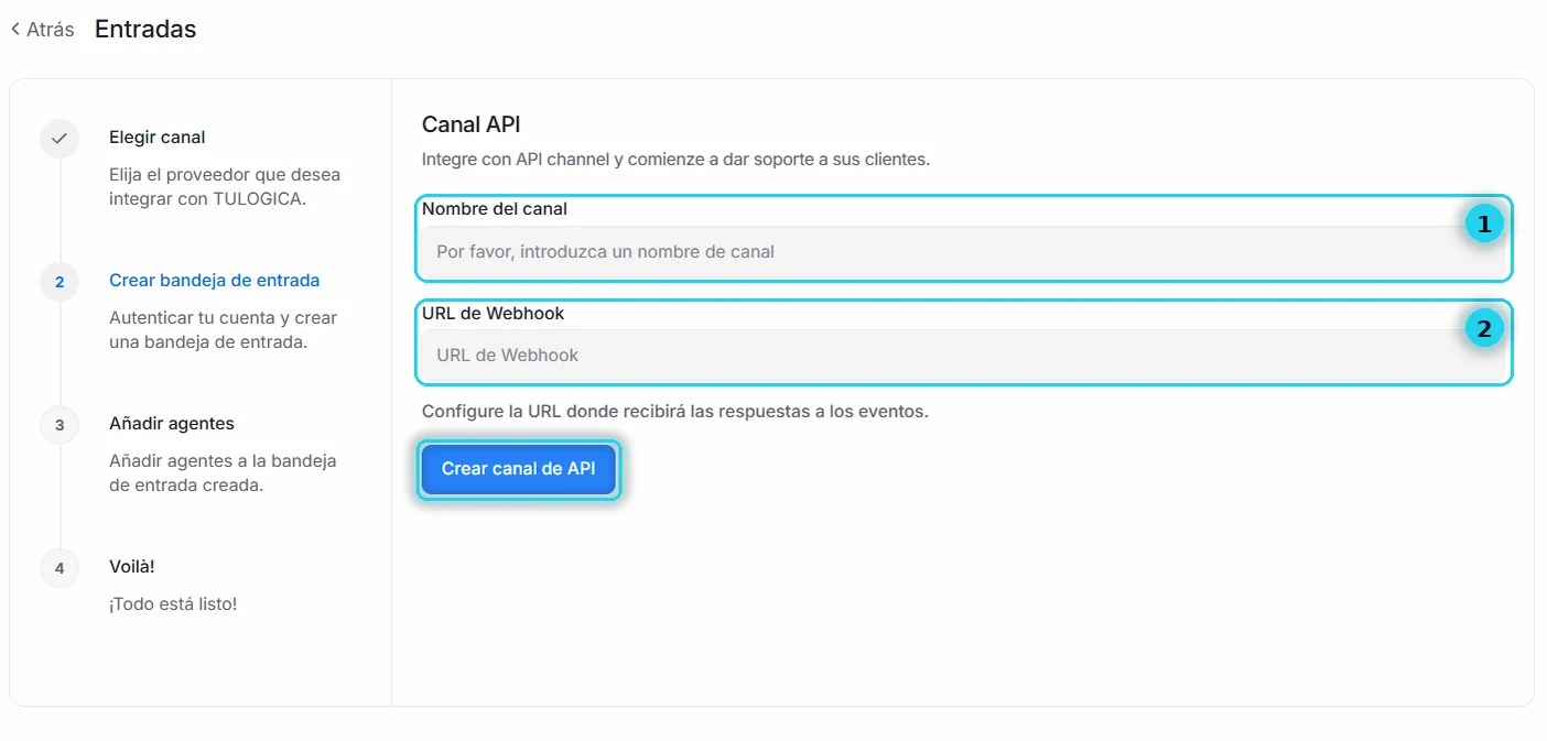Formulario Canal API con Nombre del canal, URL de Webhook y el botón Crear canal de API señalados