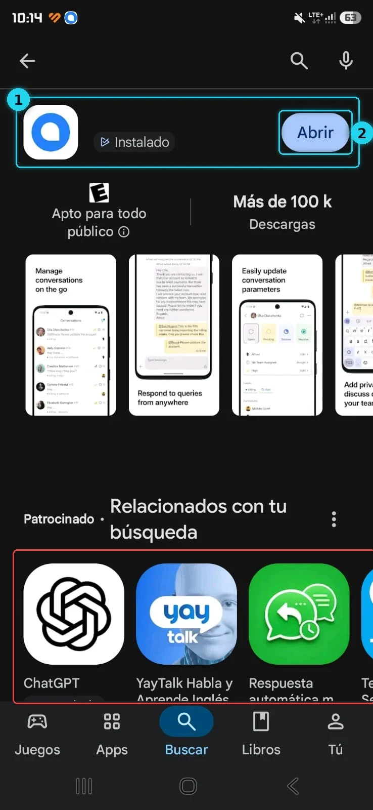 Tienda de apps con la app instalada y el botón Abrir