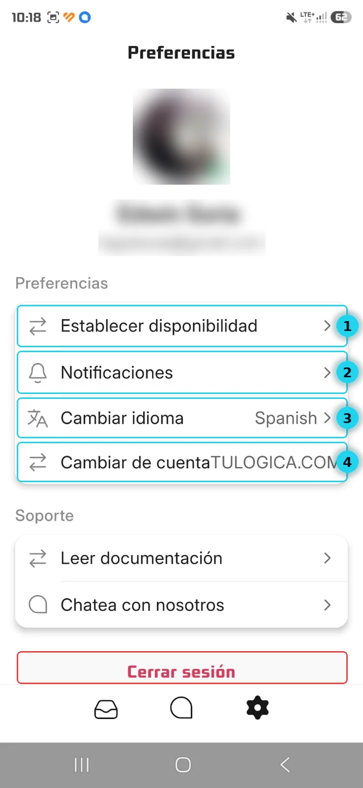 Pantalla Preferencias con disponibilidad, notificaciones, idioma y cuenta