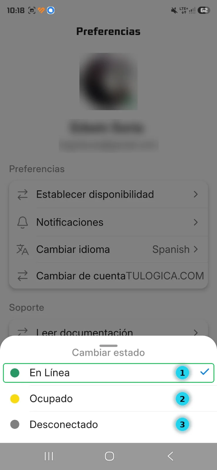 Menú Cambiar estado con En línea, Ocupado y Desconectado