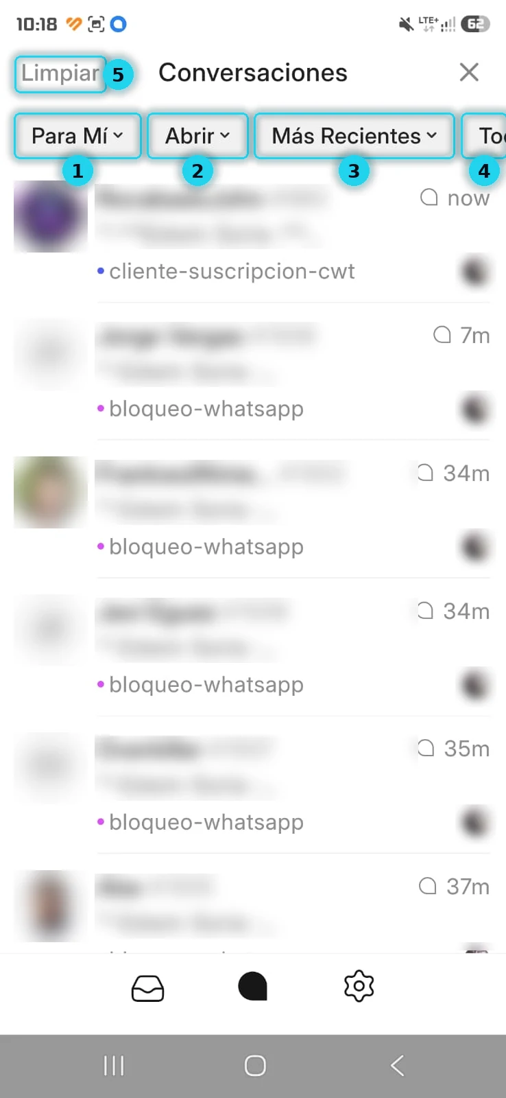 Barra de filtros: Para mí, Abrir, Más recientes y bandejas