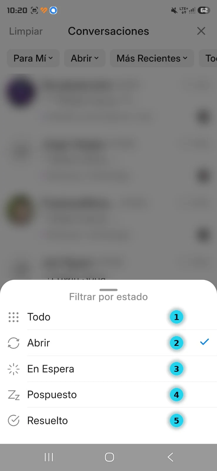 Menú Filtrar por estado