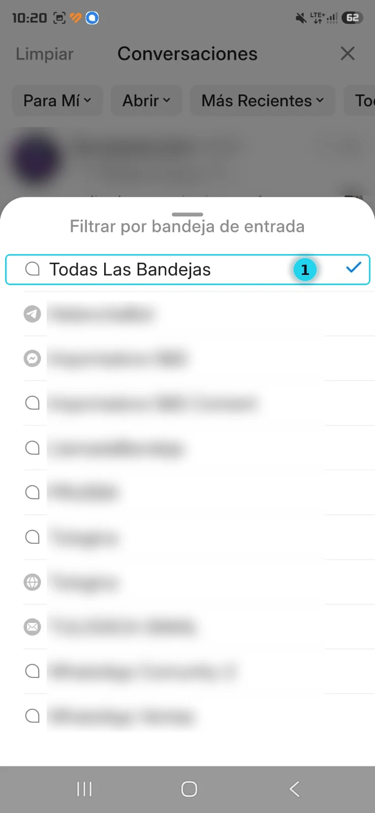 Menú Filtrar por bandeja de entrada