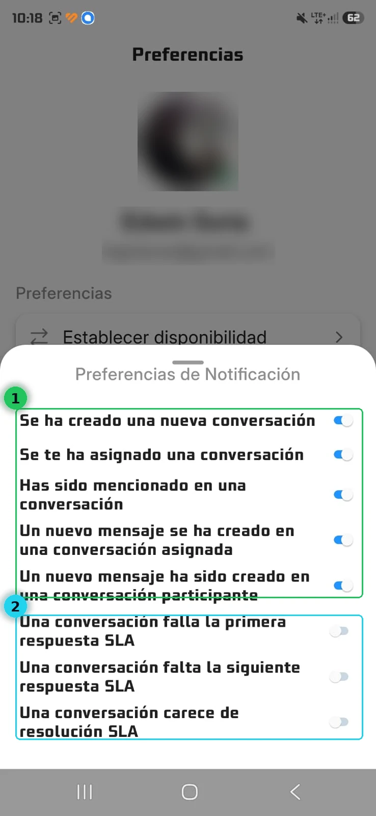 Preferencias de notificación con sus interruptores