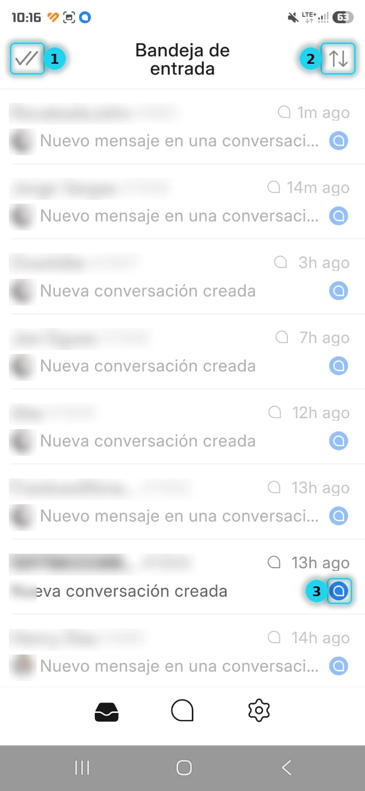 Bandeja de entrada con los avisos de mensajes y conversaciones nuevas