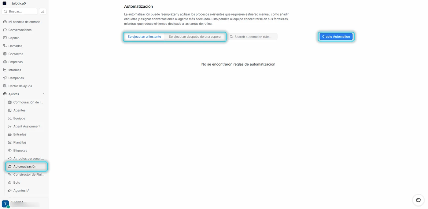 Sección Automatización vacía con el menú lateral, las pestañas y el botón de crear señalados