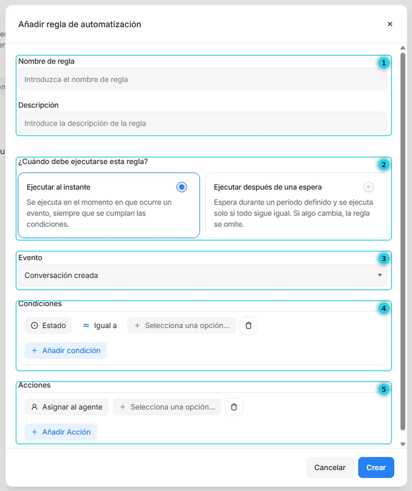 Formulario de regla de automatización con sus cinco partes numeradas