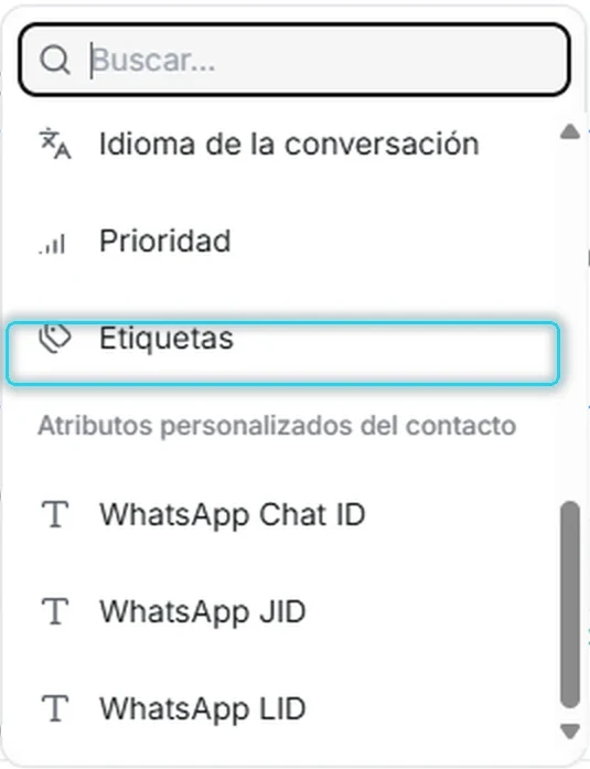 Lista desplegable de condiciones con Etiquetas señalada