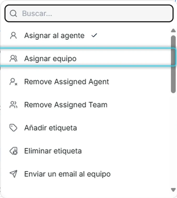 Lista desplegable de acciones con Asignar equipo señalada