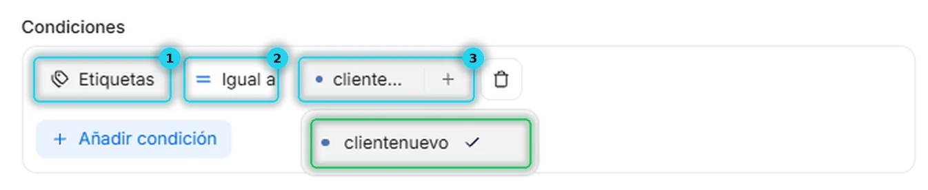 Condición configurada: Etiquetas igual a clientenuevo