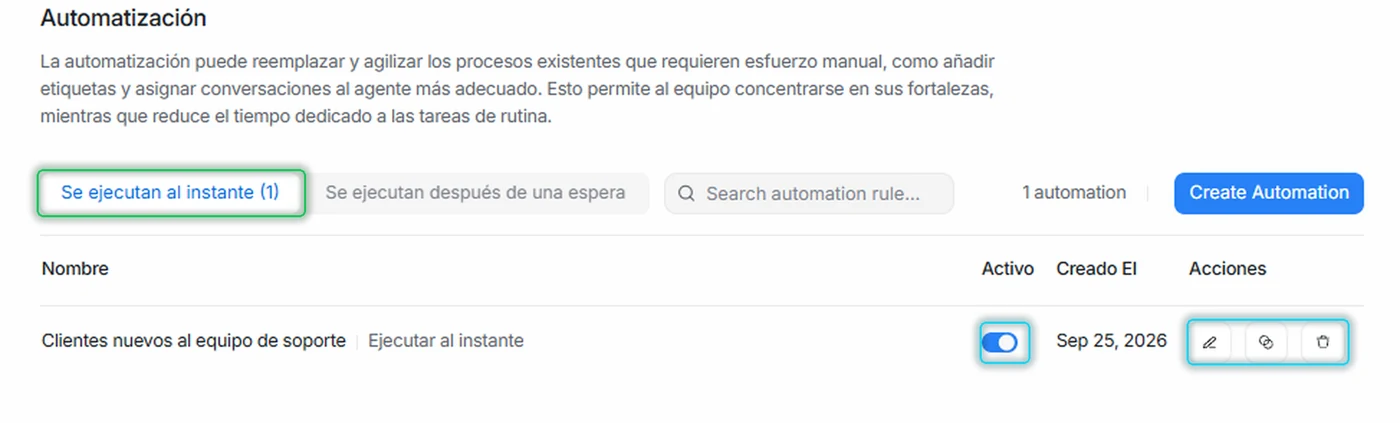 La regla guardada en la lista, con su interruptor y sus acciones