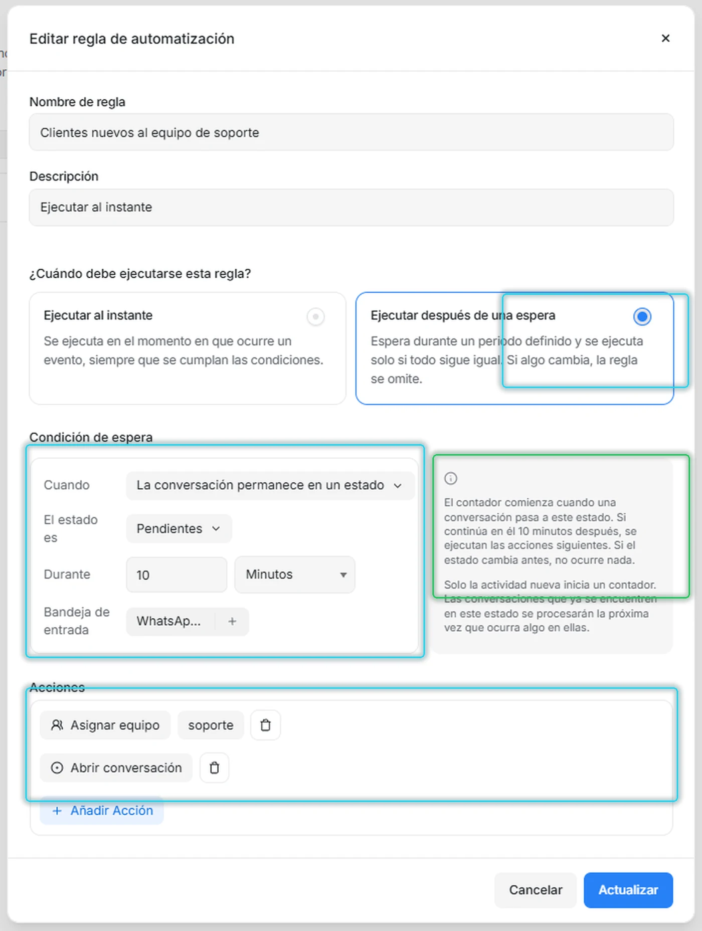 Regla con espera: la condición de espera con sus cuatro campos y el aviso sobre el contador