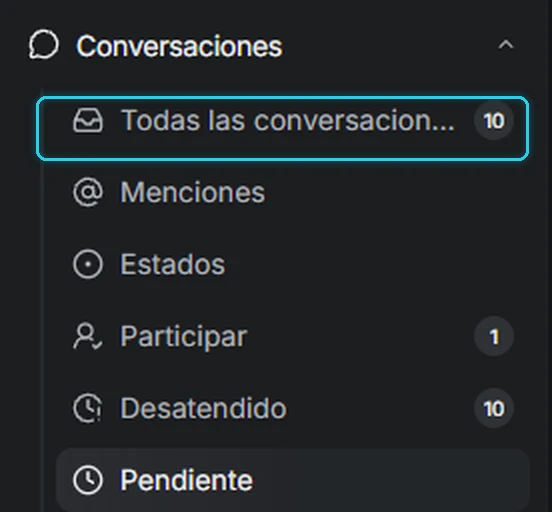 Menú lateral de Conversaciones con Todas las conversaciones señalado
