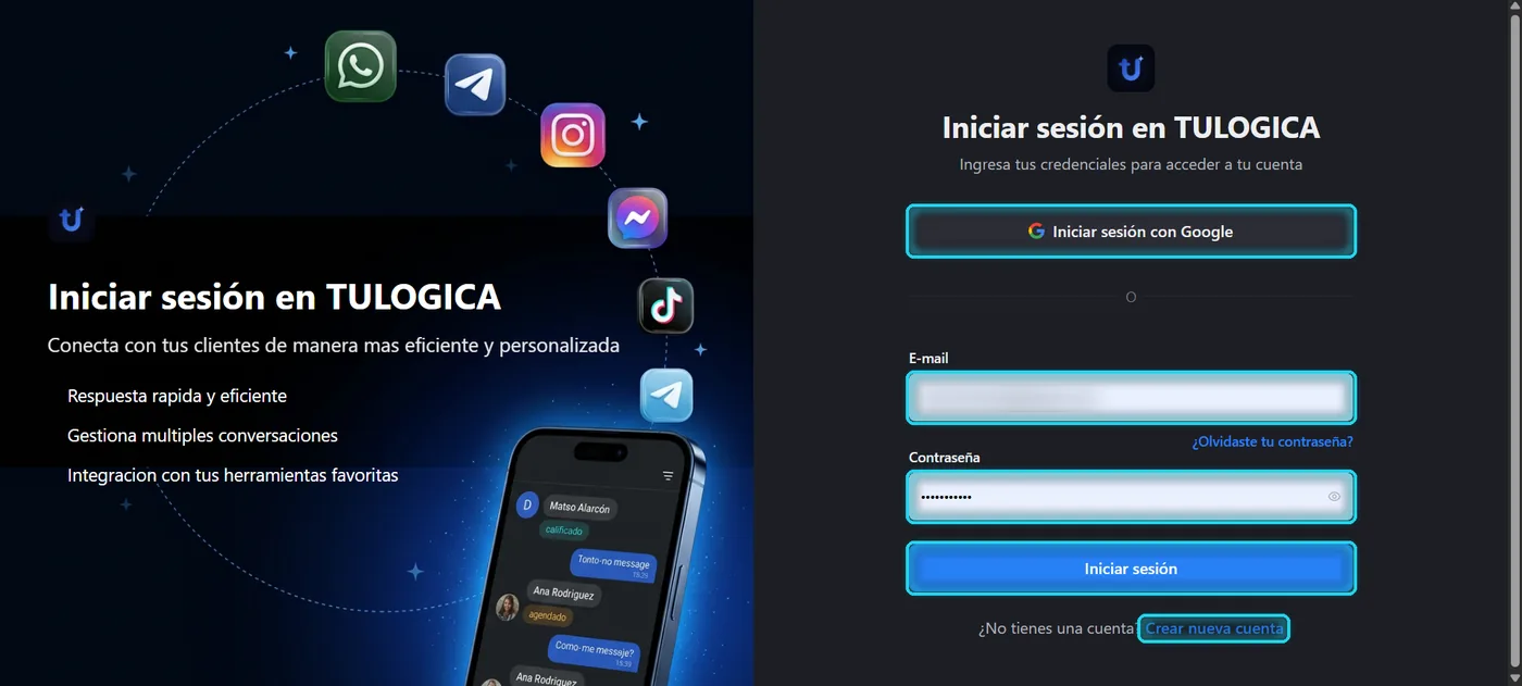 Pantalla de inicio de sesión de Tulogica con el botón de Google, correo, contraseña, Iniciar sesión y Crear nueva cuenta señalados