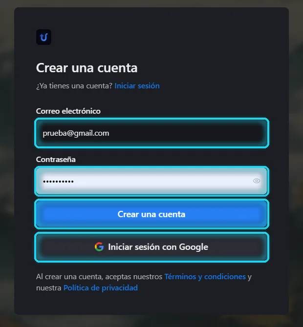 Formulario Crear una cuenta con correo y contraseña completos, el botón Crear una cuenta y el botón de Google señalados