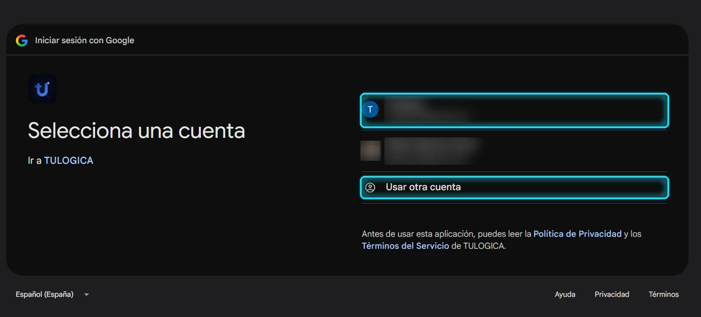 Ventana de Google Selecciona una cuenta para ir a TULOGICA