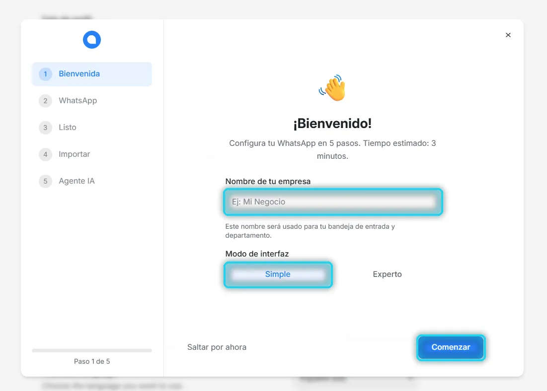 Guía de bienvenida con el nombre de la empresa, el modo Simple y el botón Comenzar señalados
