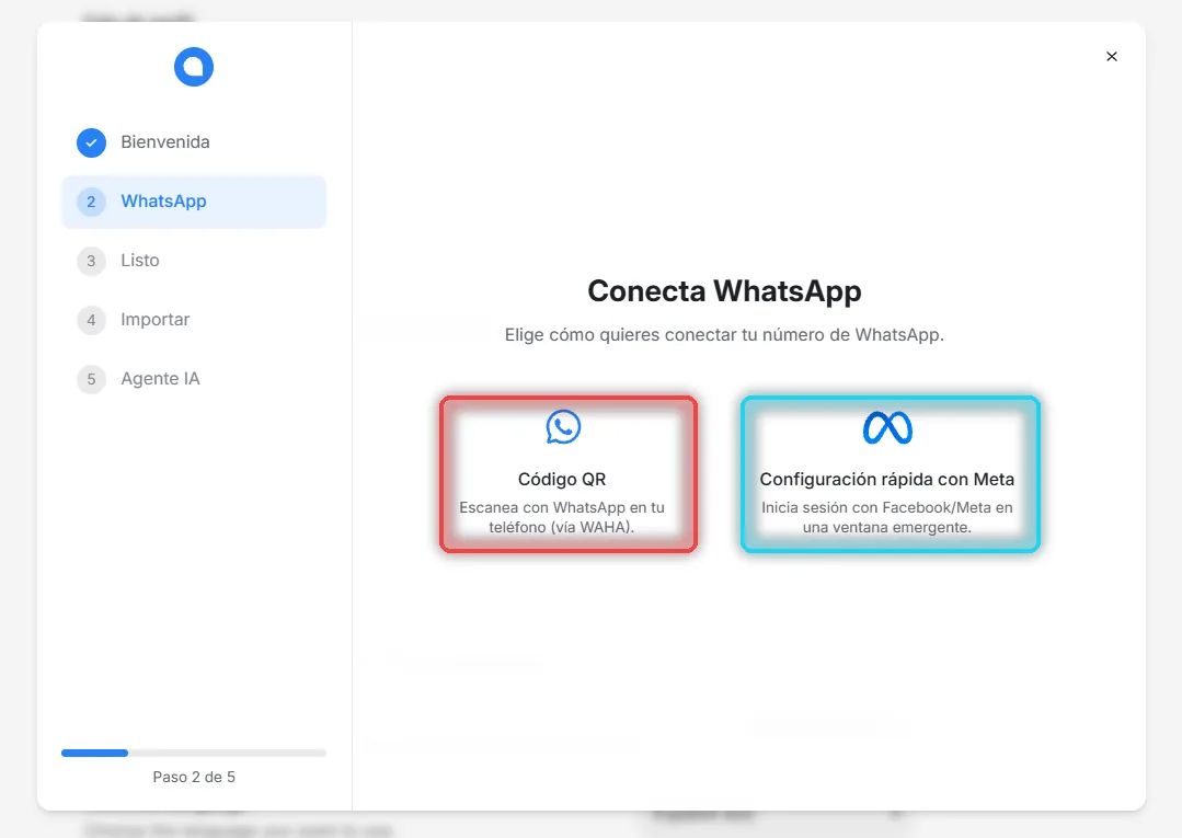 Conecta WhatsApp con Configuración rápida con Meta en cian y Código QR en rojo