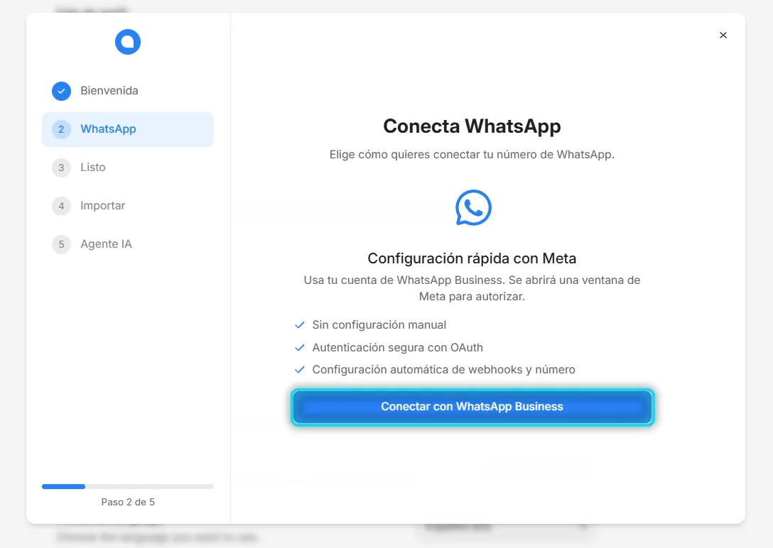 Botón Conectar con WhatsApp Business señalado
