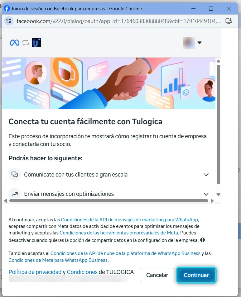 Ventana de Facebook Conecta tu cuenta fácilmente con Tulogica con Continuar señalado