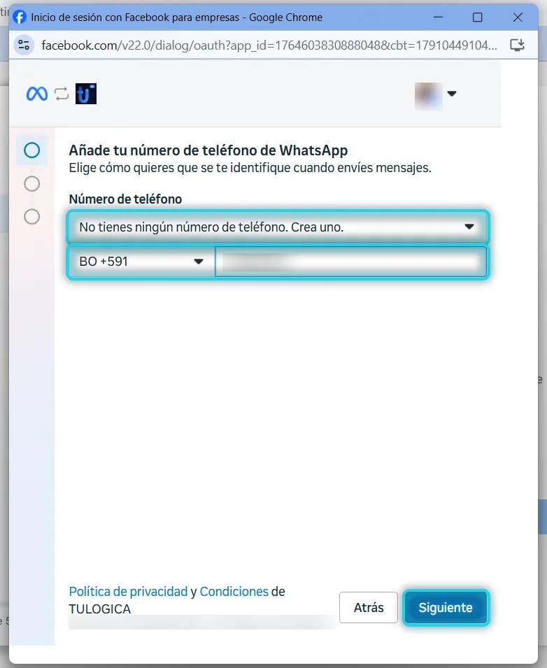 Paso Añade tu número de teléfono de WhatsApp con la lista, el número y Siguiente señalados