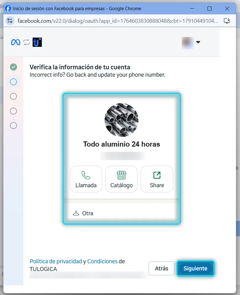 Paso Verifica la información de tu cuenta con la tarjeta del perfil y Siguiente señalados