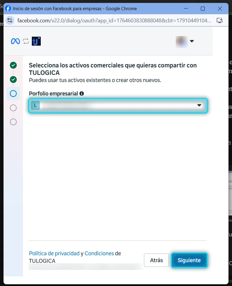 Paso Selecciona los activos comerciales con Portafolio empresarial y Siguiente señalados