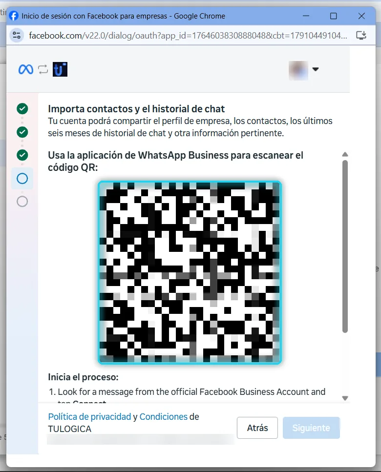 Paso Importa contactos y el historial de chat con el código QR señalado