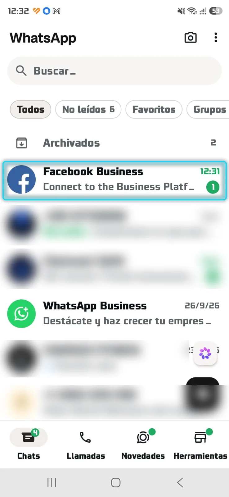 Lista de chats con la conversación de Facebook Business señalada