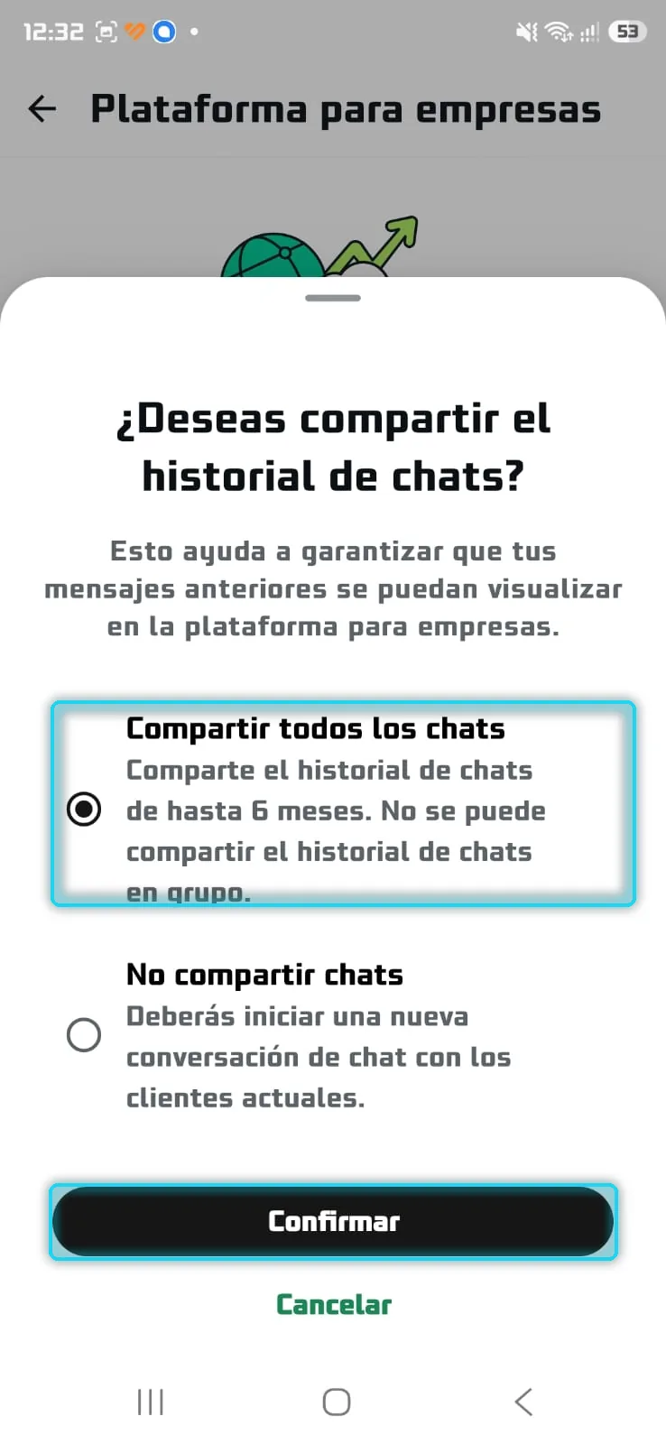 Compartir todos los chats y Confirmar señalados
