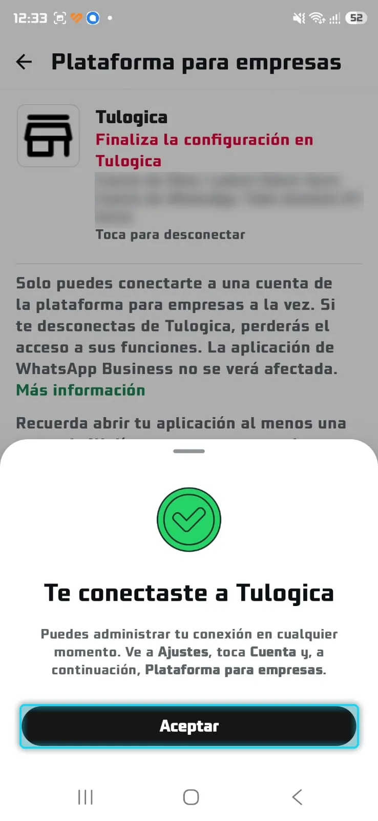 Confirmación Te conectaste a Tulogica con Aceptar señalado