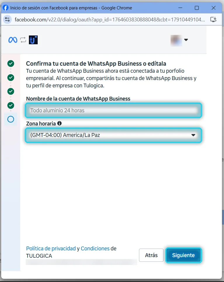 Paso Confirma tu cuenta de WhatsApp Business con nombre, zona horaria y Siguiente señalados