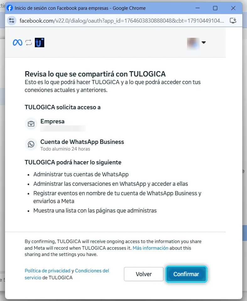 Pantalla Revisa lo que se compartirá con TULOGICA con Confirmar señalado