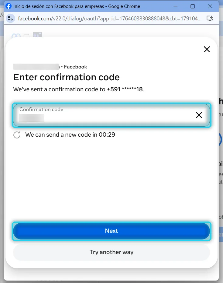 Ventana Enter confirmation code con el campo del código y Next señalados
