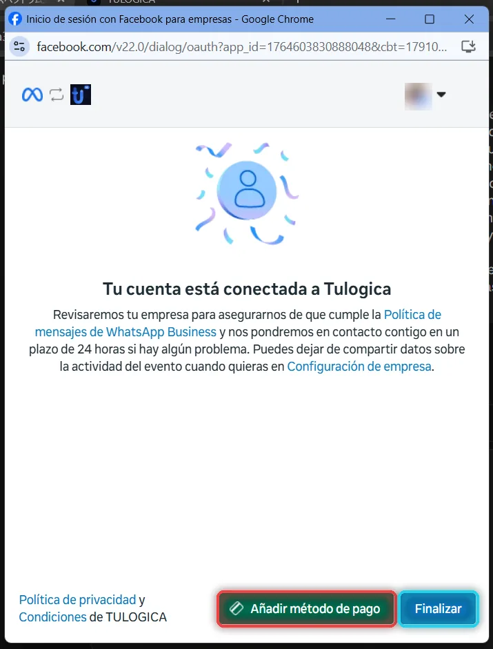 Tu cuenta está conectada a Tulogica con Finalizar en cian y Añadir método de pago en rojo