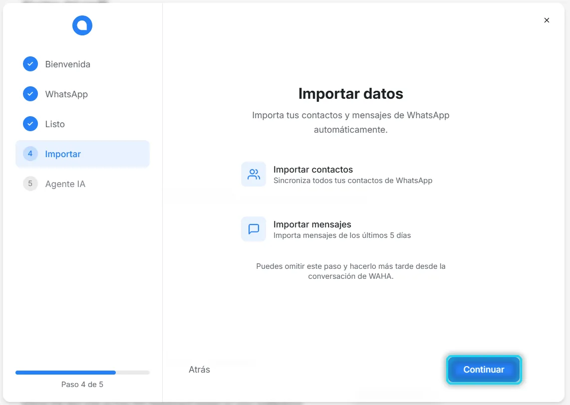 Pantalla Importar datos con Continuar señalado