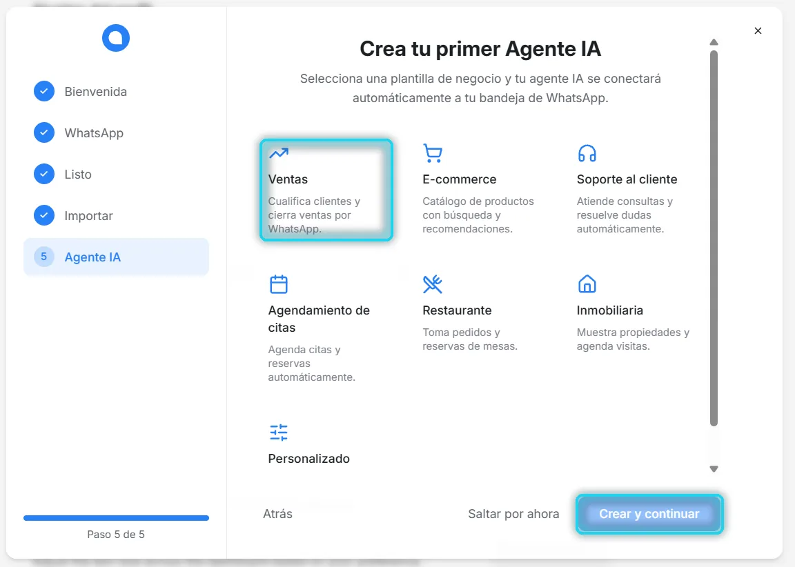 Crea tu primer Agente IA con la plantilla Ventas y Crear y continuar señalados