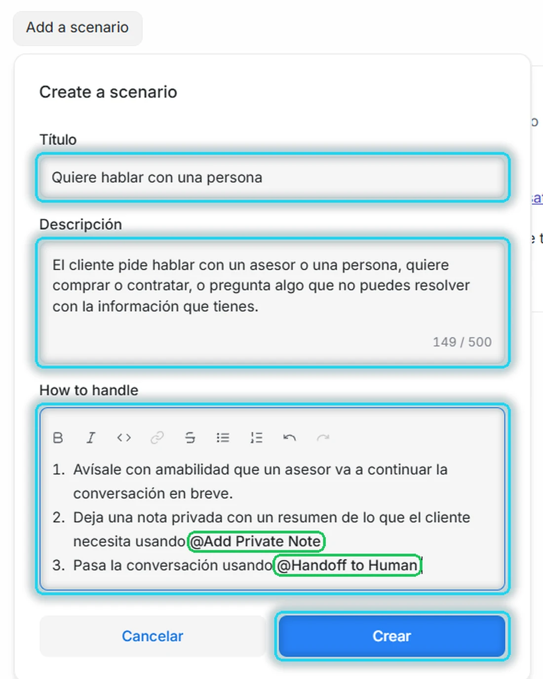 Escenario Quiere hablar con una persona con tres pasos: avisar, dejar nota privada y hacer el traspaso