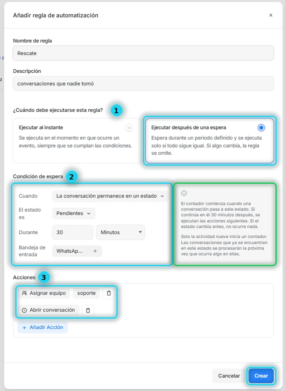 Regla de espera Rescate: 30 minutos en Pendiente, asignar equipo y abrir conversación