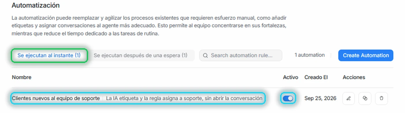 Lista de reglas instantáneas con Clientes nuevos al equipo de soporte activa