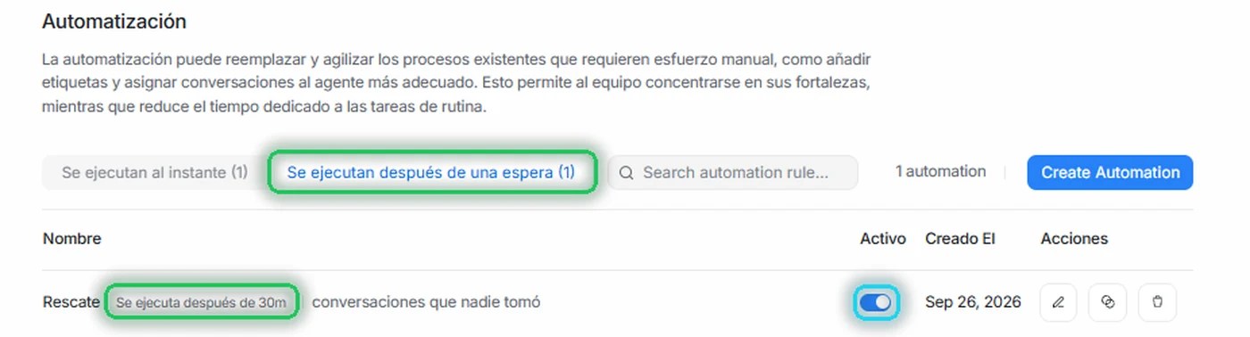 Lista de reglas de espera con Rescate activa y la etiqueta Se ejecuta después de 30m