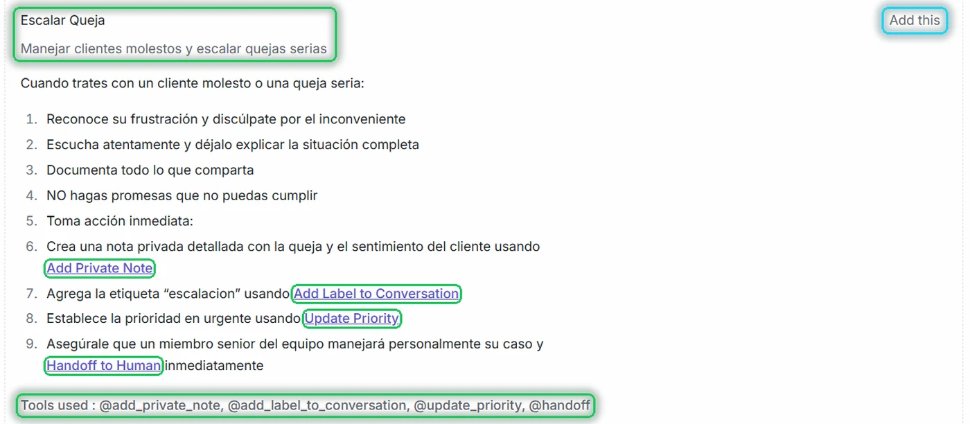 Escenario de ejemplo Escalar Queja con sus pasos, las herramientas como enlaces y la línea Tools used