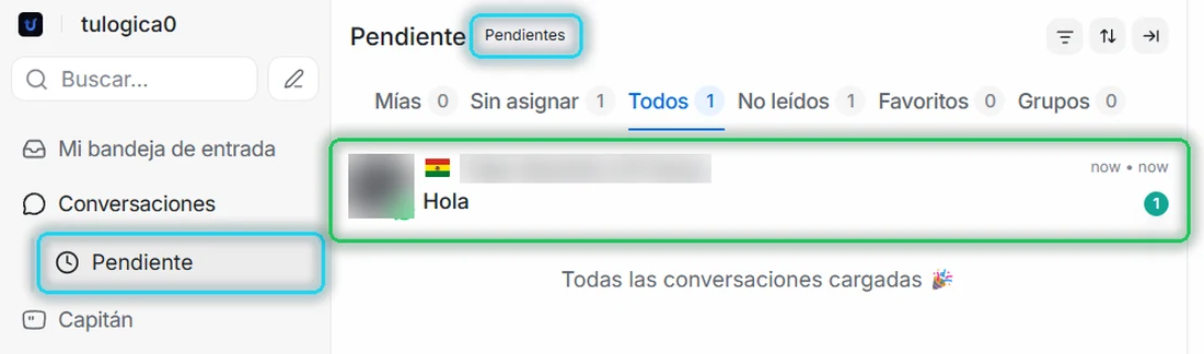 Vista Pendiente con el filtro Pendientes y una conversación que atiende la IA