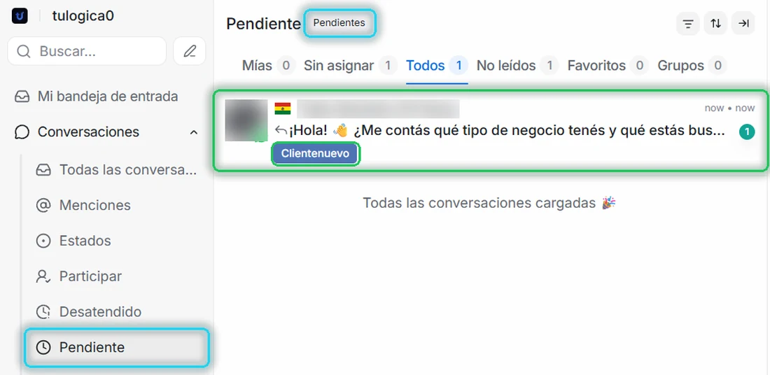 La conversación en Pendiente con la respuesta de la IA y la etiqueta Clientenuevo