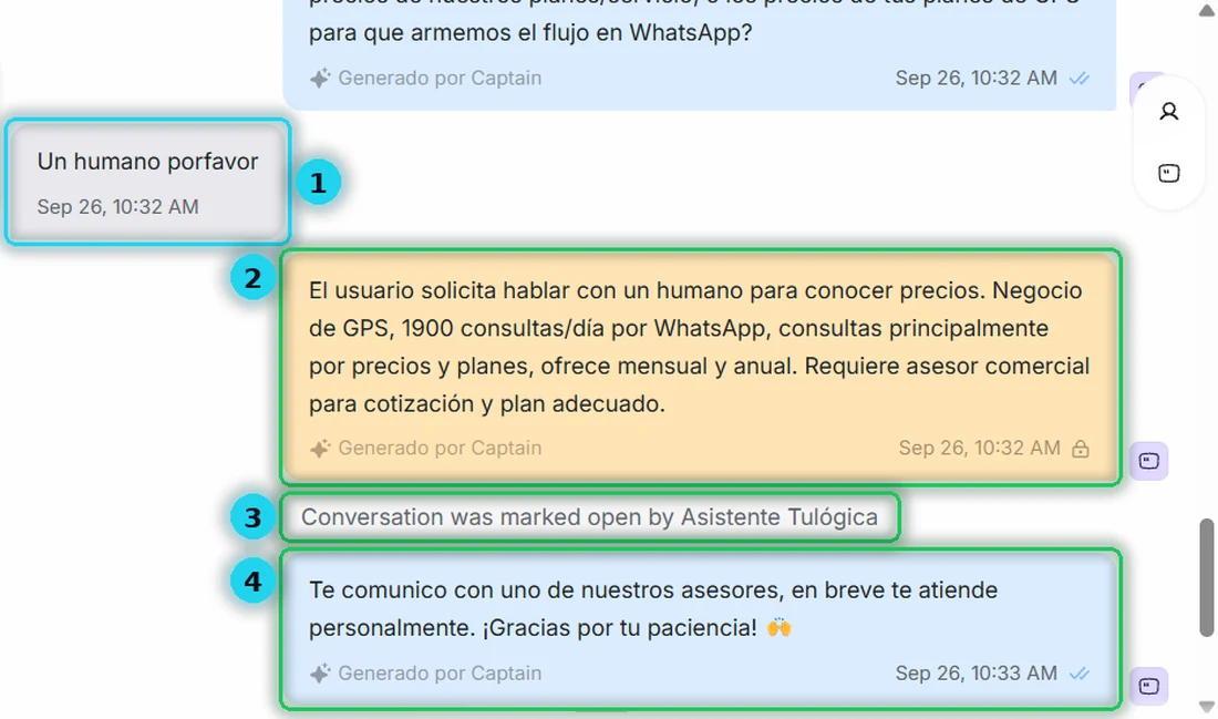 La conversación con el pedido del cliente, la nota privada de la IA, el aviso de apertura y el mensaje de despedida