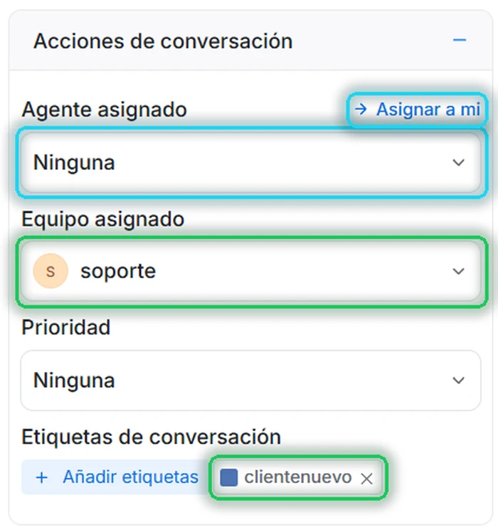 Panel con el equipo soporte y la etiqueta clientenuevo asignados, y el agente sin asignar